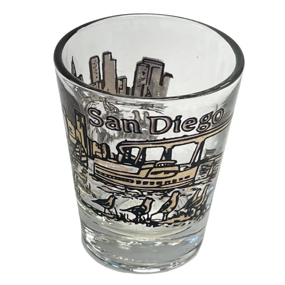 Vintage Shot Glass San Diego City Skyline Water Sailboats Birds‎